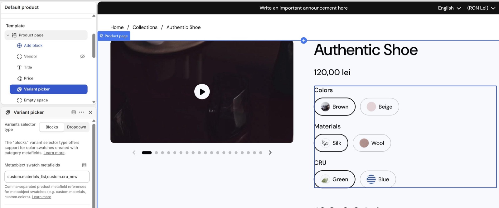 Theme editor on the Default product template: the Variant picker block with Variants selector type Blocks and Metaobject swatch metafields set to custom.materials_list,custom.cru_new, beside a product with image and color swatches for Colors, Materials and CRU.