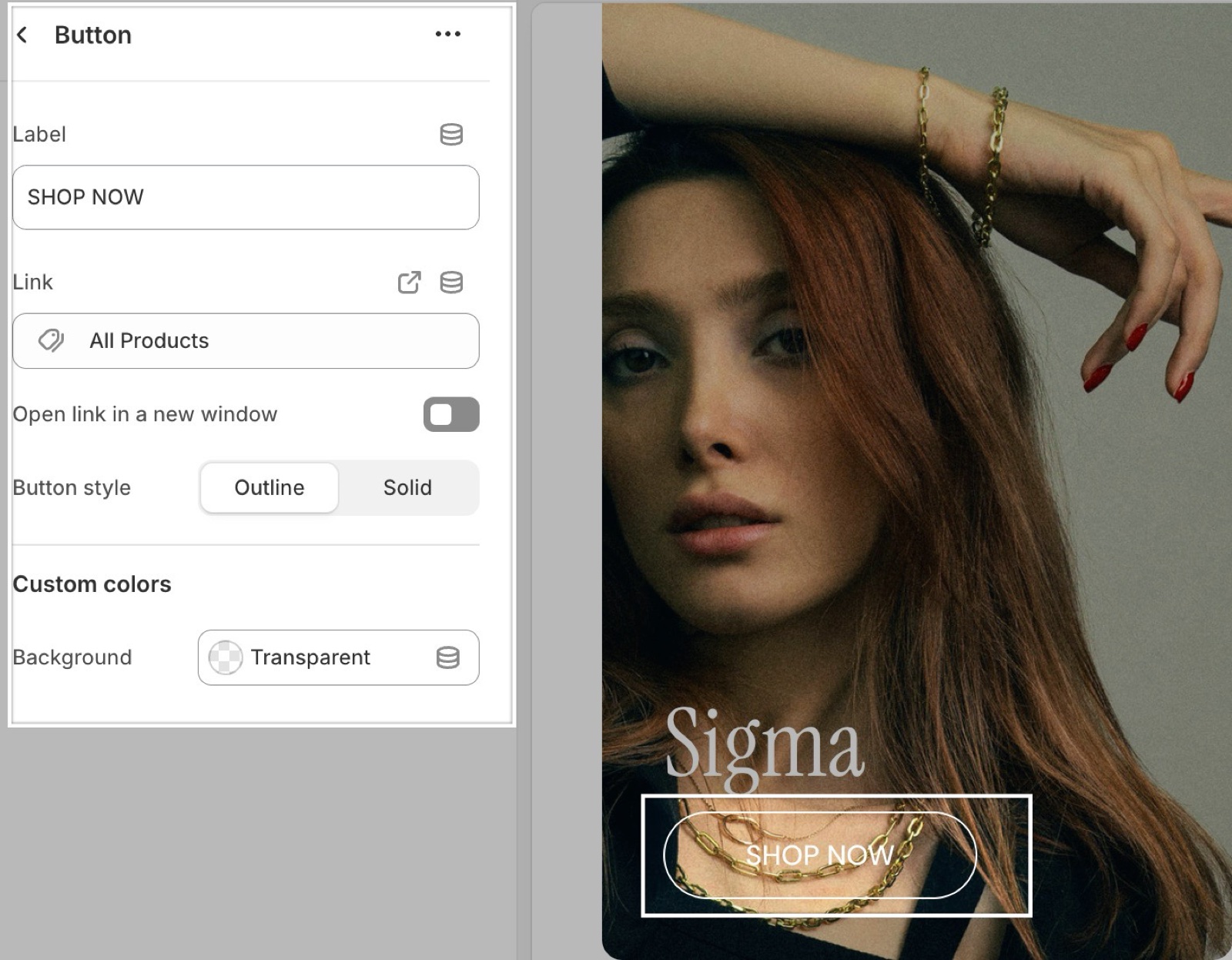 Theme editor Button block (Label SHOP NOW, Link All Products, Open link in a new window, Button style Outline / Solid, Custom colors Background) beside an outline SHOP NOW button on a photo.
