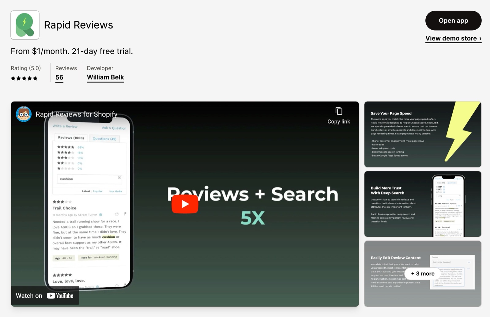Rapid Reviews App Store listing in December 2023: price line, rating, review count and the app's promo video.
