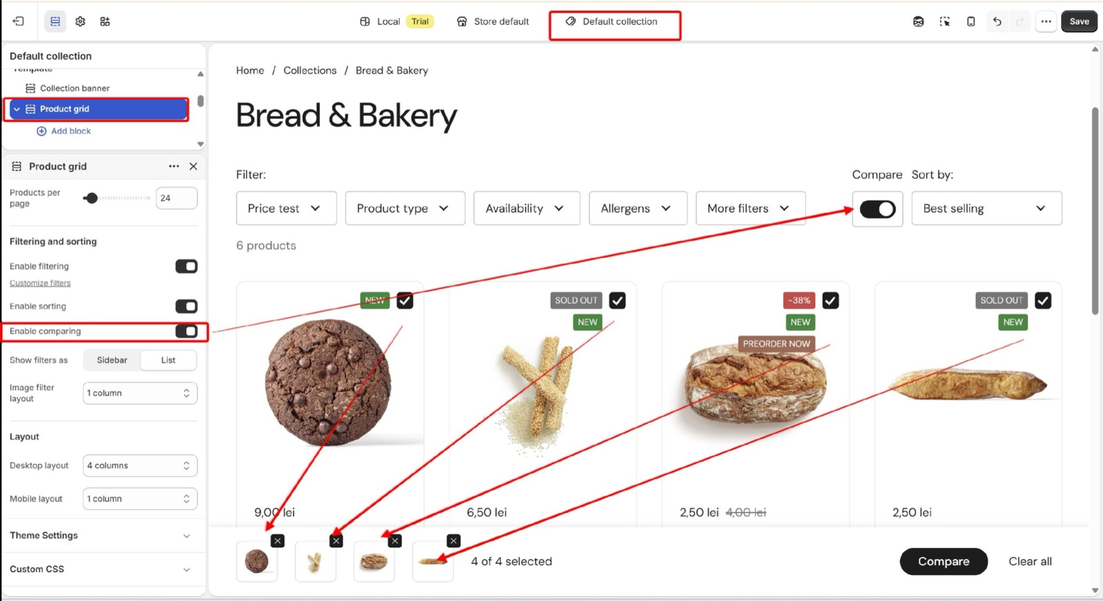 Collection page in the theme editor with the Product grid section selected and Enable comparing on: a Compare toggle next to the filters, compare checkboxes on the product cards, and the compare bar at the bottom with 4 of 4 selected, Compare and Clear all.