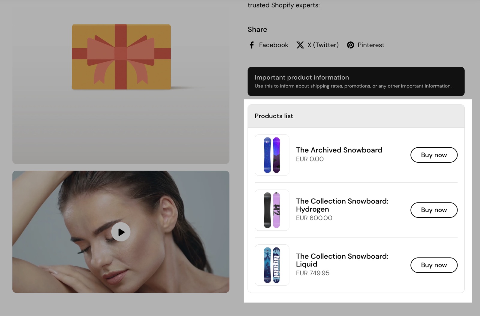 Product page with a Products list block highlighted: a box titled Products list with three snowboards, each with a price and a Buy now button.