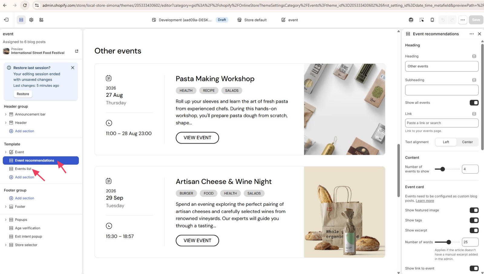 Theme editor on the event template with the Event recommendations section (an Events list) selected: Heading Other events, Show all events, Link, Text alignment, Number of events to show and the Event card settings, beside two upcoming event cards.
