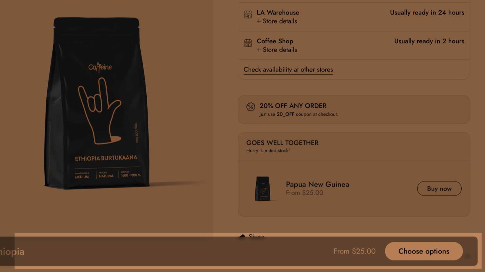 Sticky add to cart bar in the Floating style with Blur background on: a smaller bar floating over the product page content.