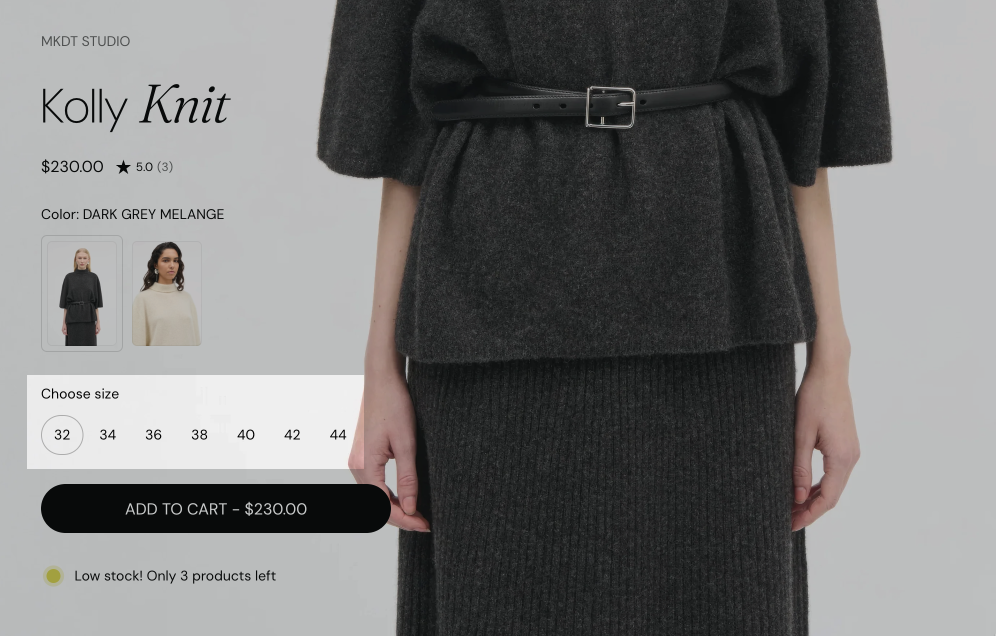 Storefront product page with the Product variants block highlighted: a Choose size picker below the image color swatches.