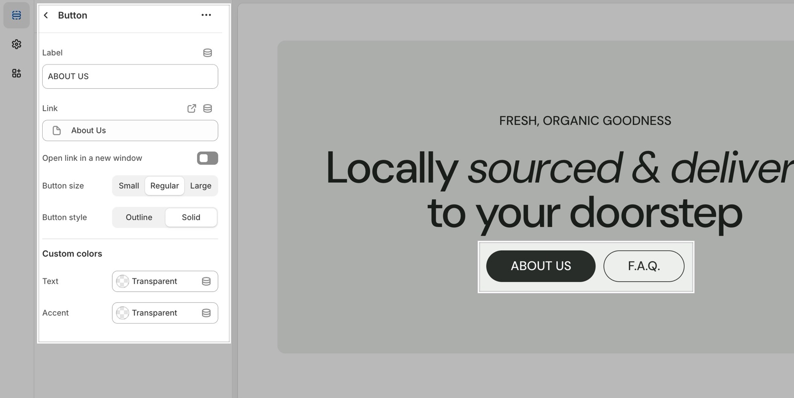 Button block panel with Label ABOUT US, Link About Us, Open link in a new window, Button size Regular, Button style Solid and Custom colors Text and Accent, beside two buttons side by side in a content group.