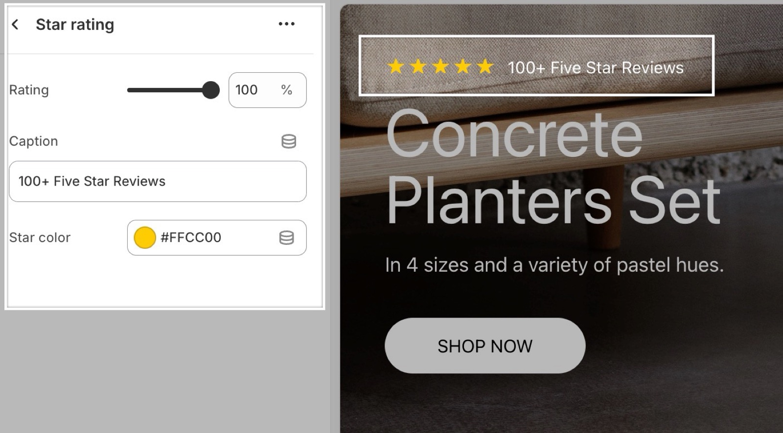 Theme editor Star rating block (Rating 100 %, Caption "100+ Five Star Reviews", Star color #FFCC00) beside five yellow stars above a slideshow heading.