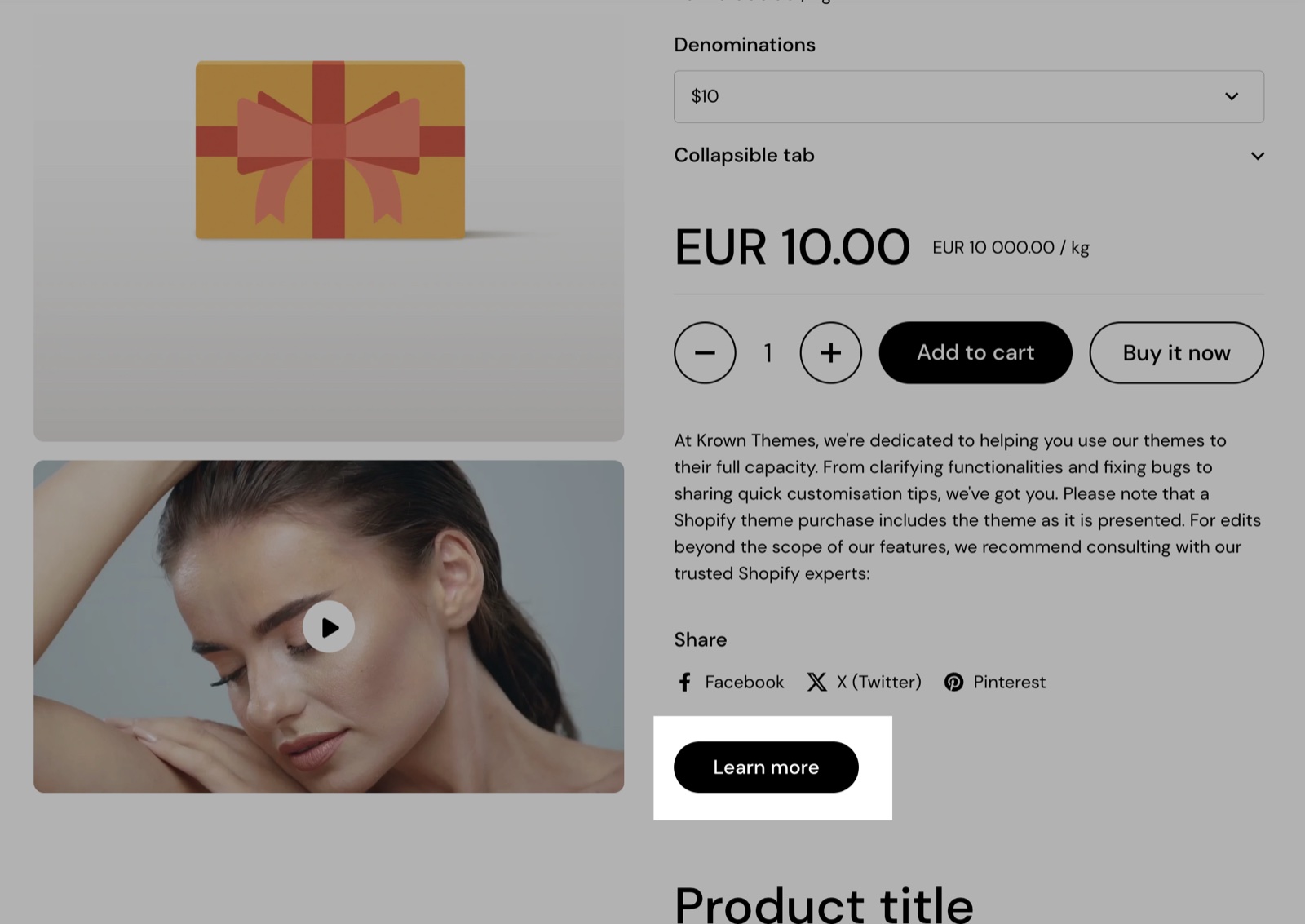 Product page with a Button block highlighted: a solid Learn more button under the share links.
