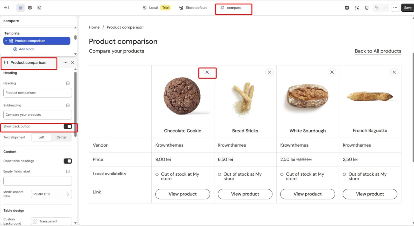 Product comparison page on the compare template: four products with a close (x) button on each column, a Back to All products link, and the section panel with Show back button highlighted.