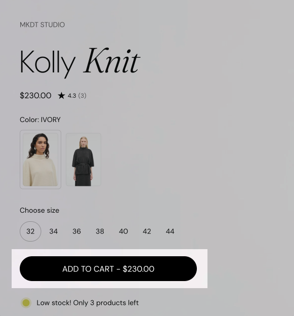 Storefront product page with the Buy buttons block highlighted: the Add to cart - $230.00 button for Kolly Knit.