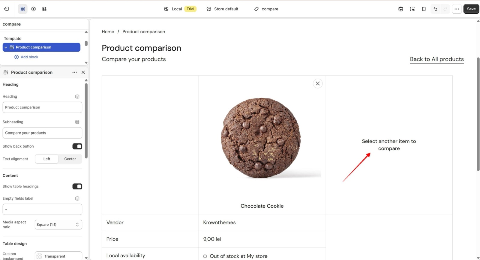 Product comparison page with one product left: the second column says Select another item to compare.