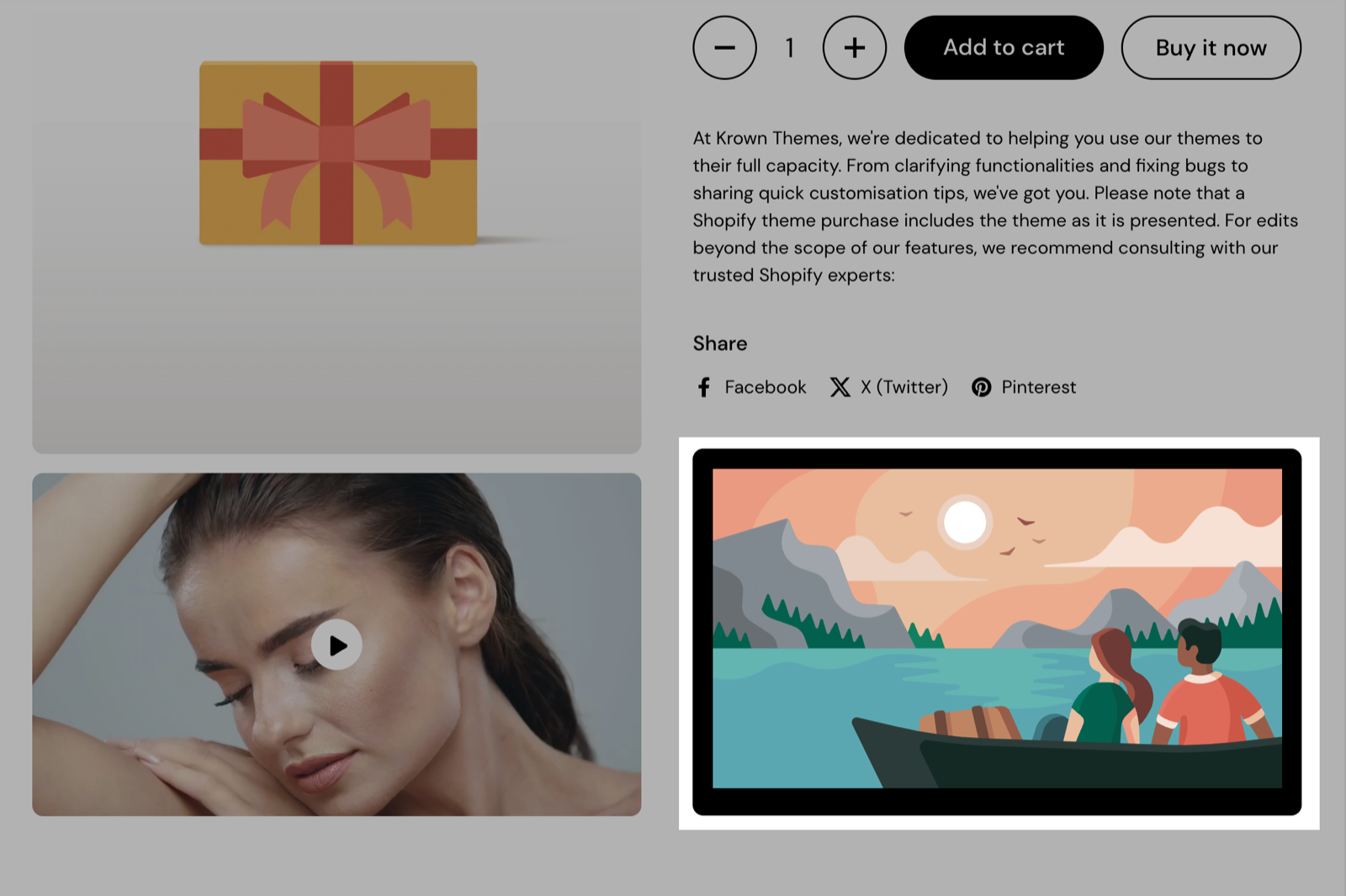 Product page with an Image block highlighted: an illustration of two people in a boat below the share links.