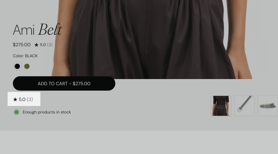 Storefront product page with the Product rating block highlighted: the star rating 5.0 (3) below the Add to cart button.