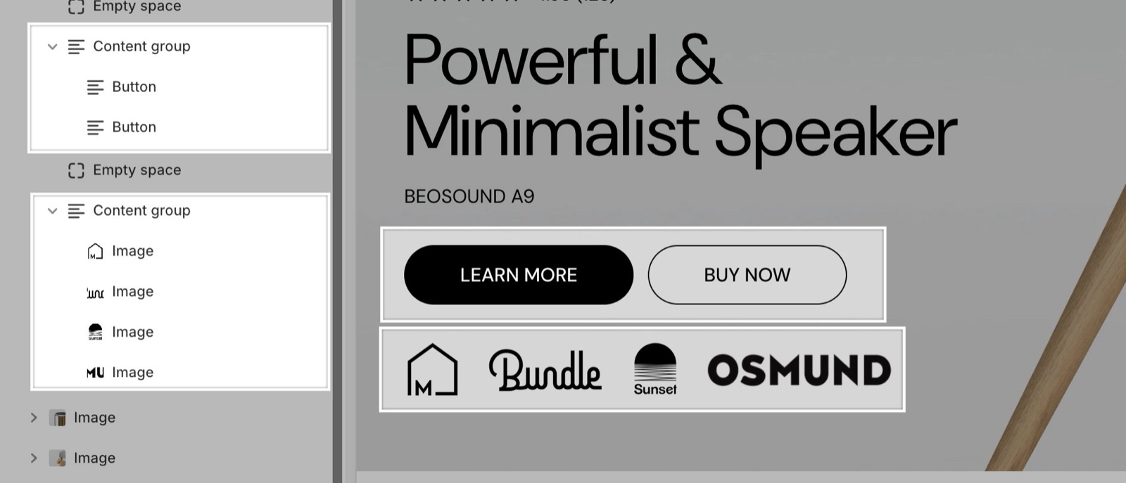 Theme editor sidebar with two Content group blocks, one holding two Button blocks and one holding four Image blocks, beside LEARN MORE and BUY NOW buttons side by side and a row of four brand logos.