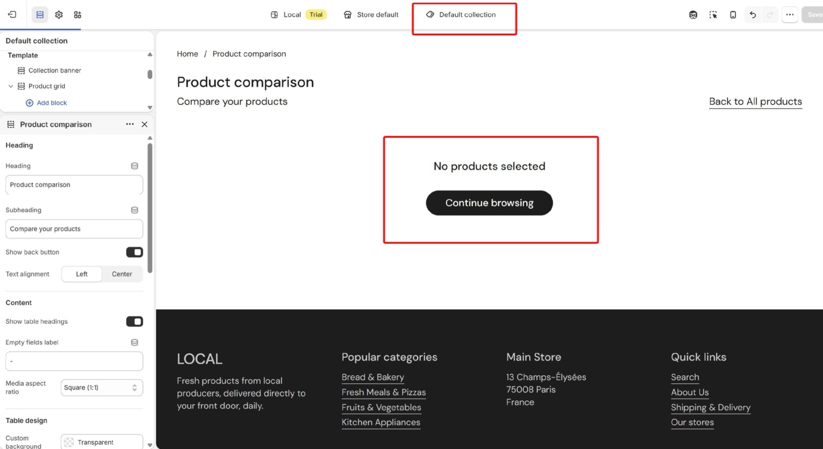 Product comparison page with no products selected: the message No products selected and a Continue browsing button.