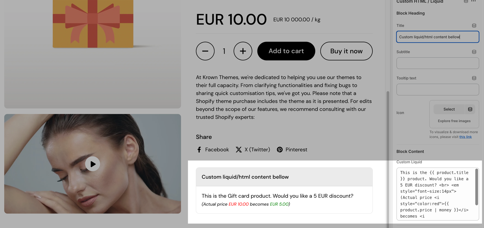 Product page with a Custom HTML / Liquid block highlighted, showing a heading and a discount sentence built from the product title and price, next to the block settings: Block Heading (Title, Subtitle, Tooltip text, Icon) and Block Content → Custom Liquid with the Liquid code.