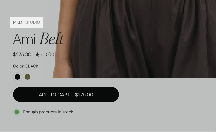 Storefront product page with the Product vendor block highlighted: the vendor name MKDT Studio above the product title.
