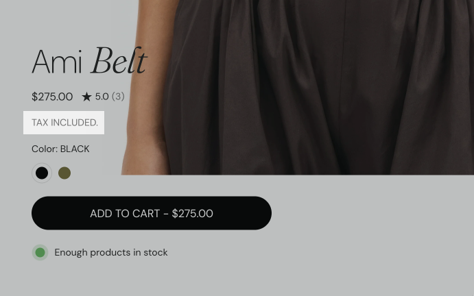 Storefront product page with the Product tax info block highlighted: the line Tax included under the price.