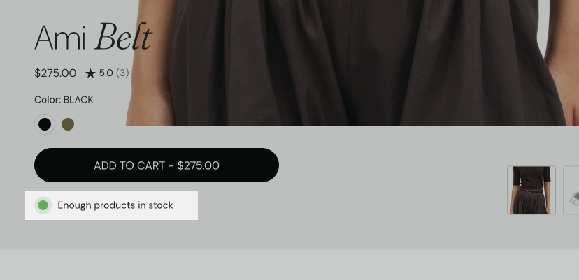 Storefront product page with the Inventory availability block highlighted: a green dot and the text Enough products in stock under the Add to cart button.