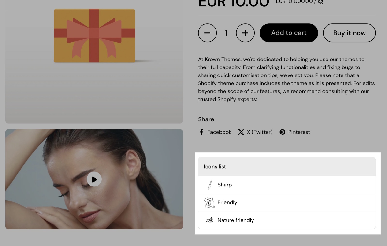 Product page with an Icons list block highlighted: a box titled Icons list with three icons labelled Sharp, Friendly and Nature friendly.
