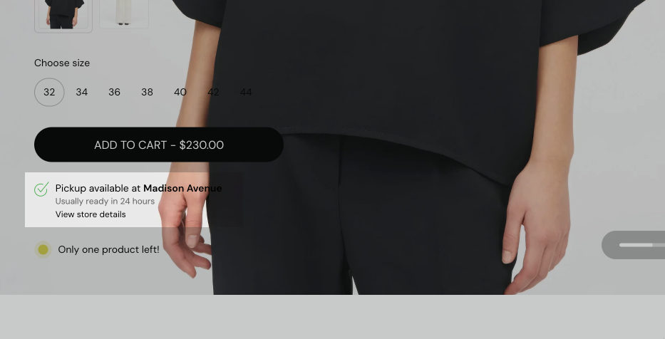 Storefront product page with the Pickup availability block highlighted: the text Pickup available at Madison Avenue, usually ready in 24 hours, with a View store details link.