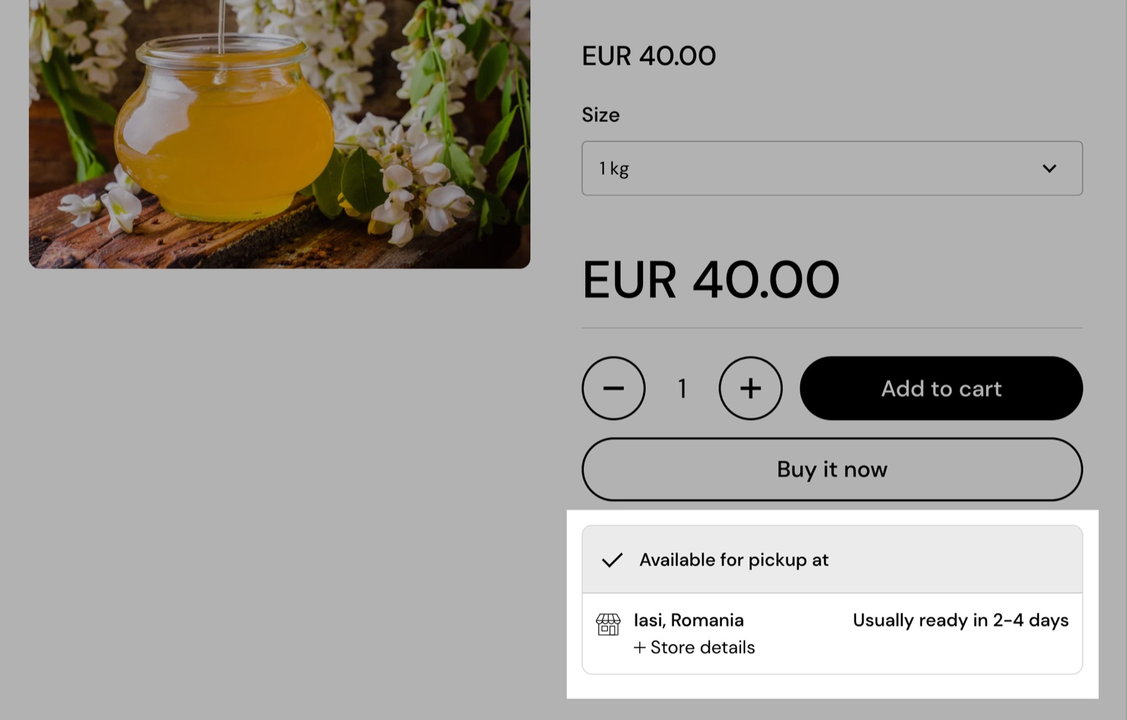 Product page with a Pickup availability block highlighted in the Extended style: Available for pickup at Iasi, Romania, Usually ready in 2-4 days, with a Store details link.