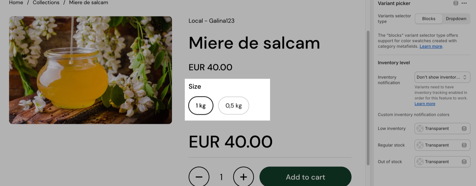 Product page with the Size option shown as blocks (1 kg, 0,5 kg) highlighted, next to the Variant picker block settings: Variants selector type (Blocks, Dropdown), Inventory notification and the Low inventory, Regular stock and Out of stock colors.