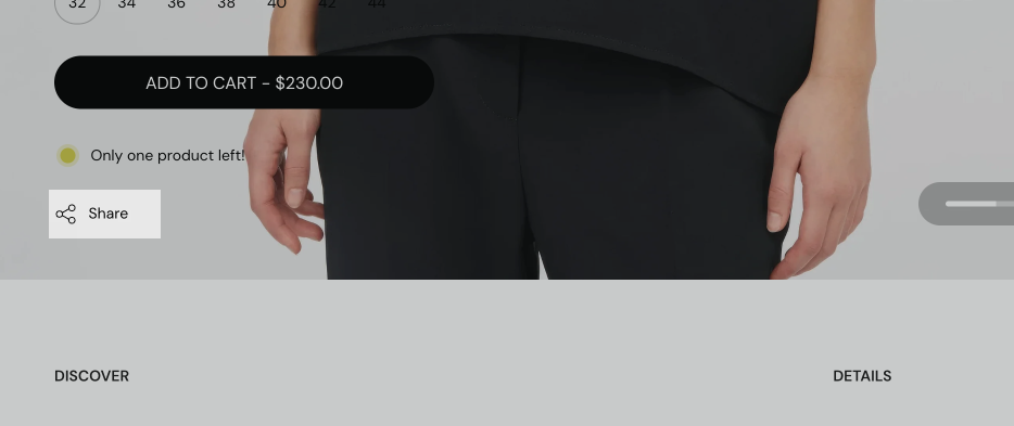 Storefront product page with the Product share block highlighted: a Share link with an icon below the stock line.