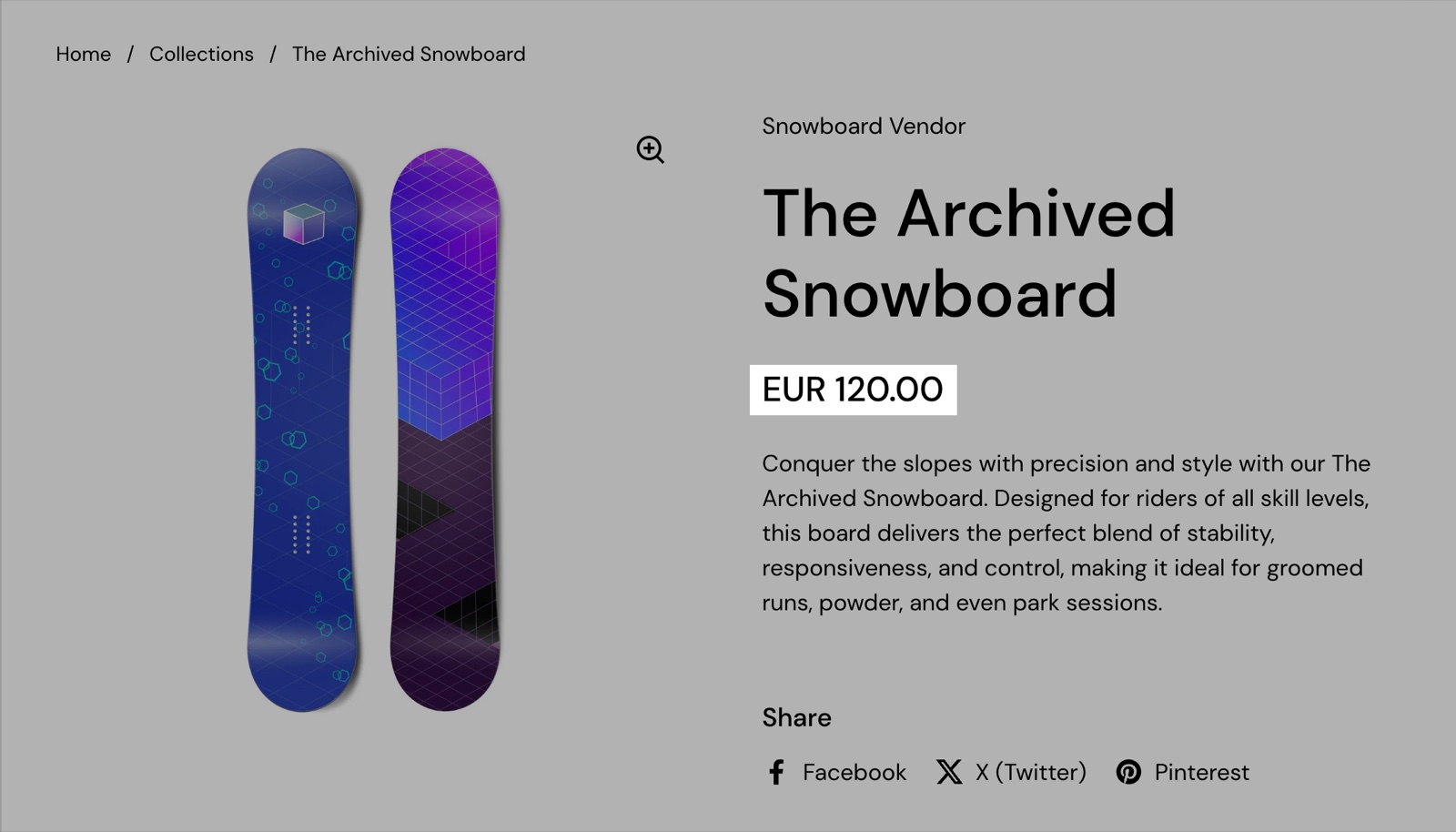 Product page with the Price block highlighted: EUR 120.00 under the product title.