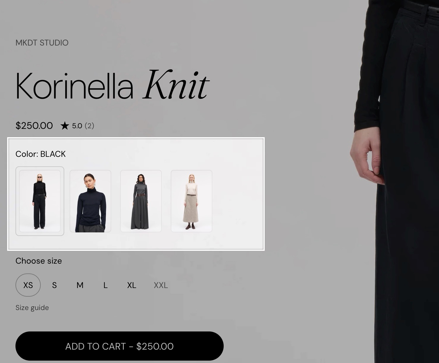 Storefront product page with the Product siblings block highlighted: Color BLACK with four image swatches for Korinella Knit above the size picker.