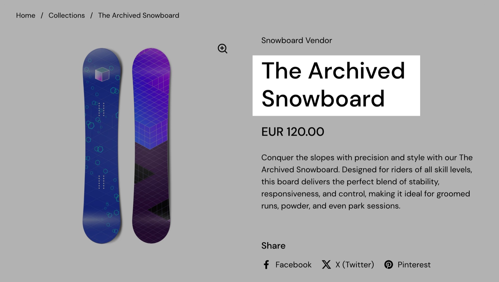 Product page with the Title block highlighted: the product name in large type.