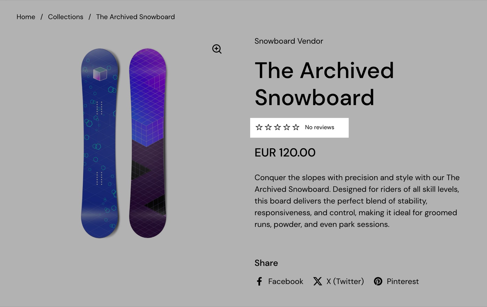 Product page with the Product rating block highlighted: five empty stars and No reviews under the title.