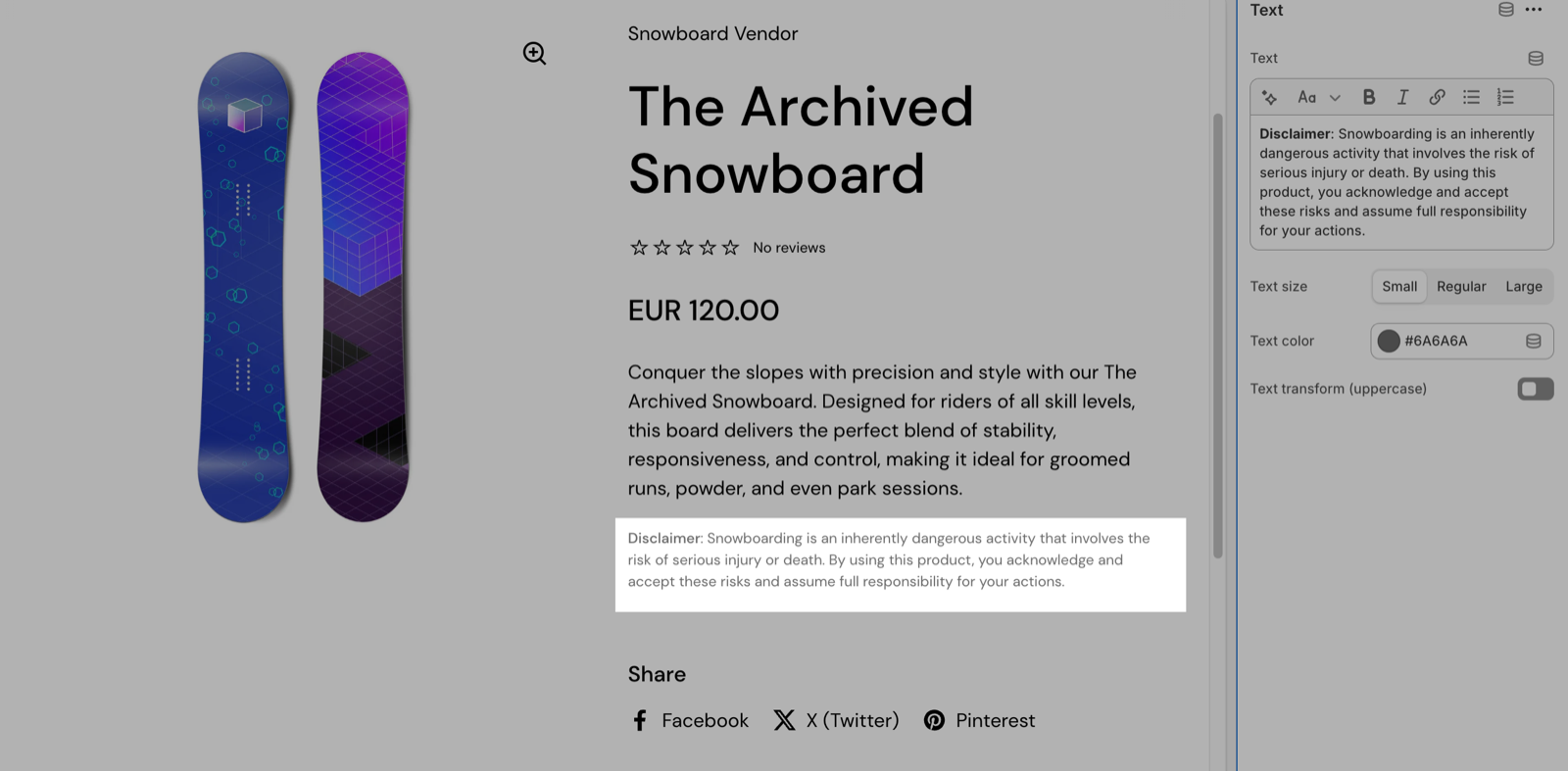 Product page with a Text block highlighted (a small grey disclaimer), next to the Text block settings: Text, Text size Small, Text color #6A6A6A and Text transform (uppercase).