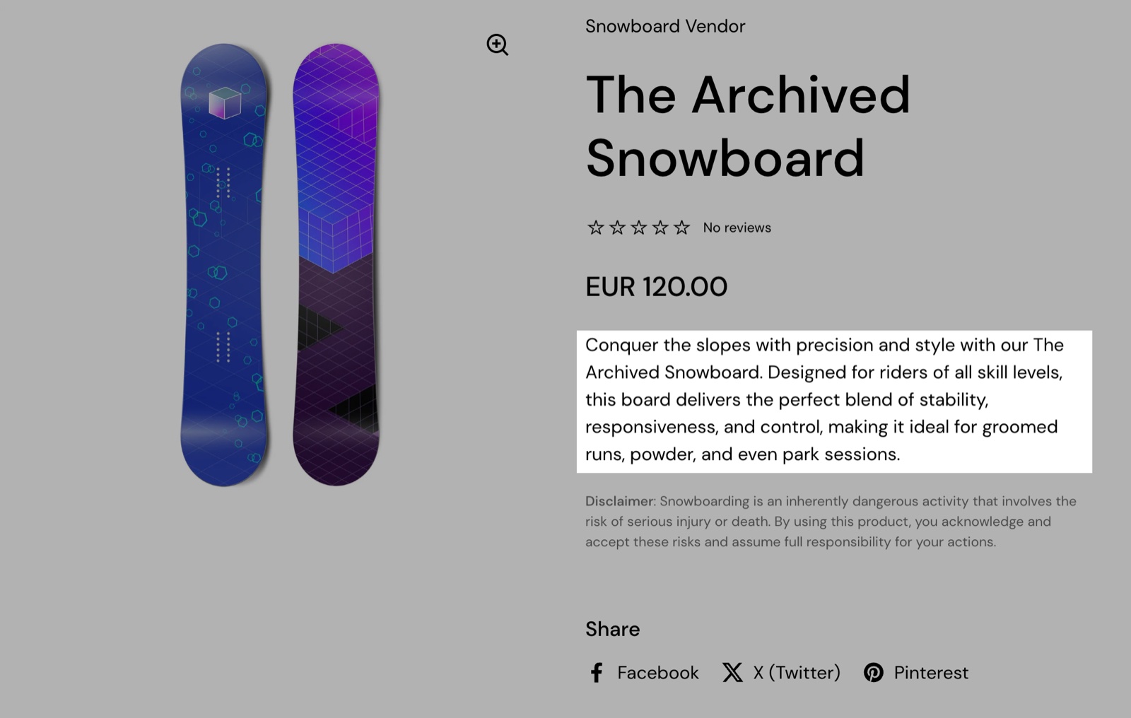 Product page with the Description block highlighted: the product description paragraph under the price.