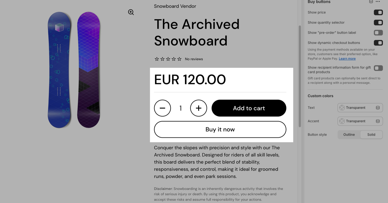 Product page with the Buy buttons block highlighted (price, quantity selector, Add to cart and Buy it now), next to its settings: Show price, Show quantity selector, Show "pre-order" button label, Show dynamic checkout buttons, Show recipient information form for gift card products, Custom colors and Button style.