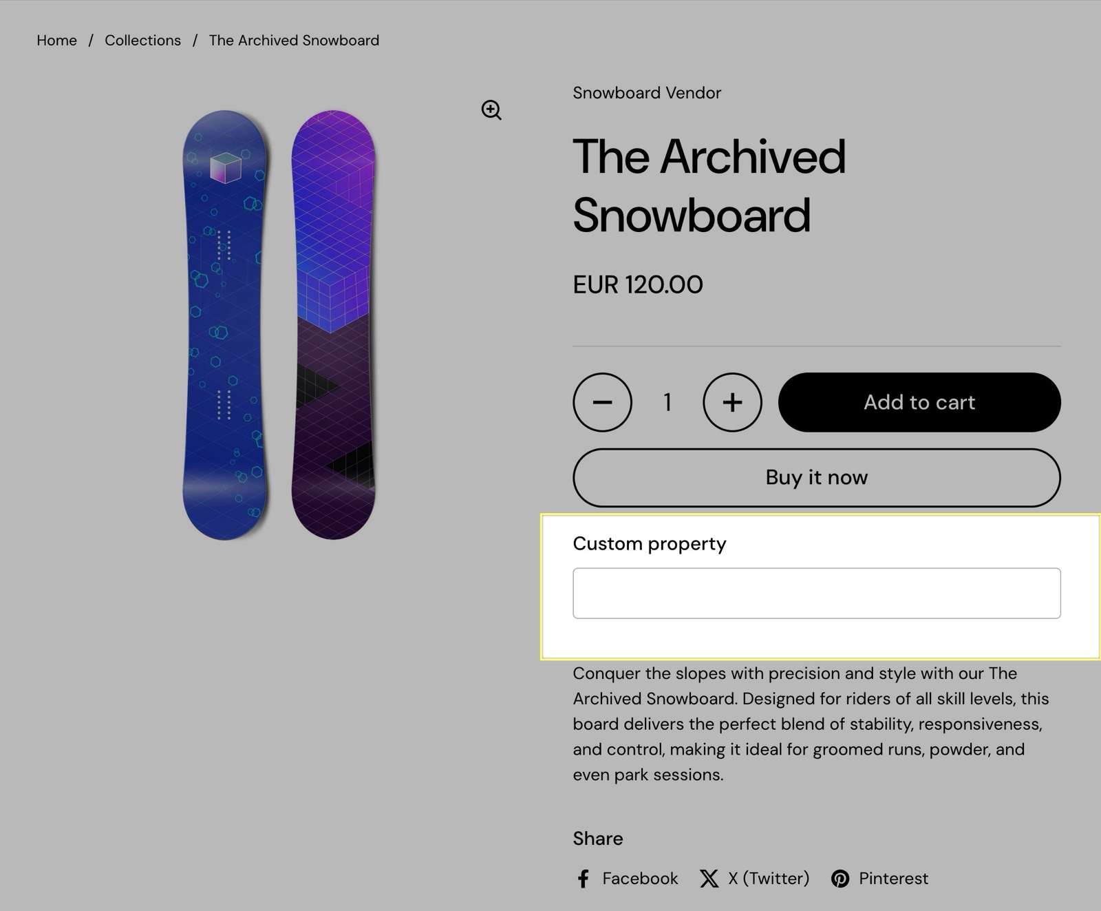 Product page with a Custom property block highlighted: a text field labelled Custom property under the Buy it now button.