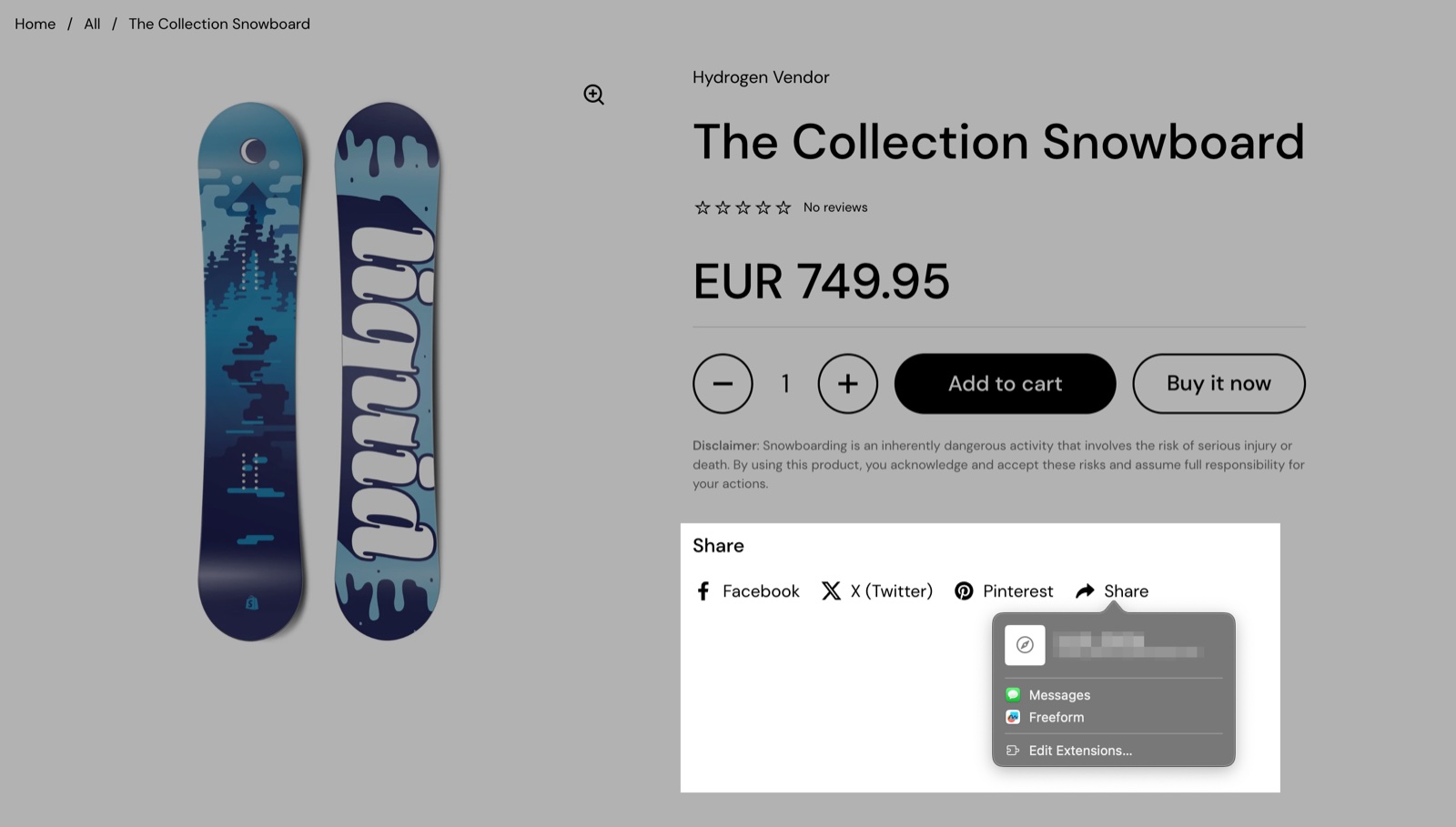 Product page with the Share block highlighted: Facebook, X (Twitter), Pinterest and a Share link that opens the browser's native share menu.
