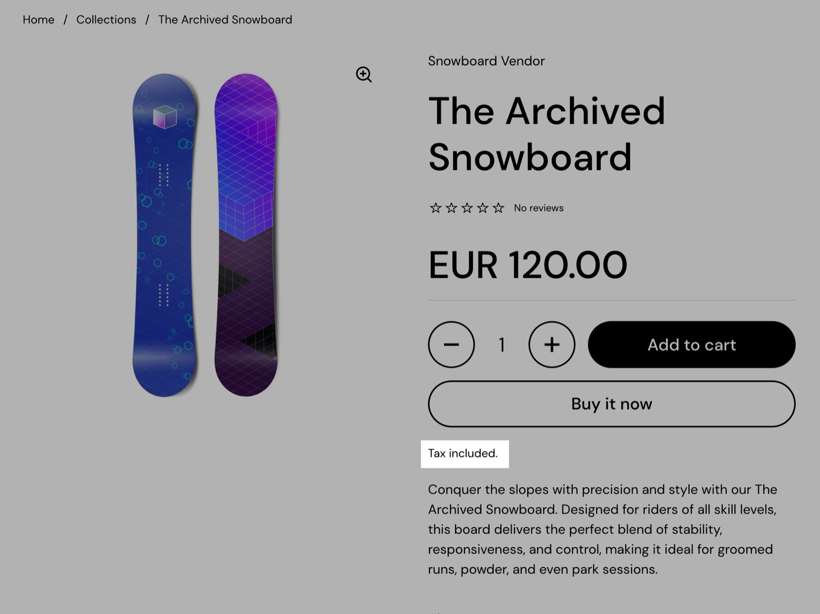 Product page with the Tax information block highlighted: the line Tax included. under the buy buttons.