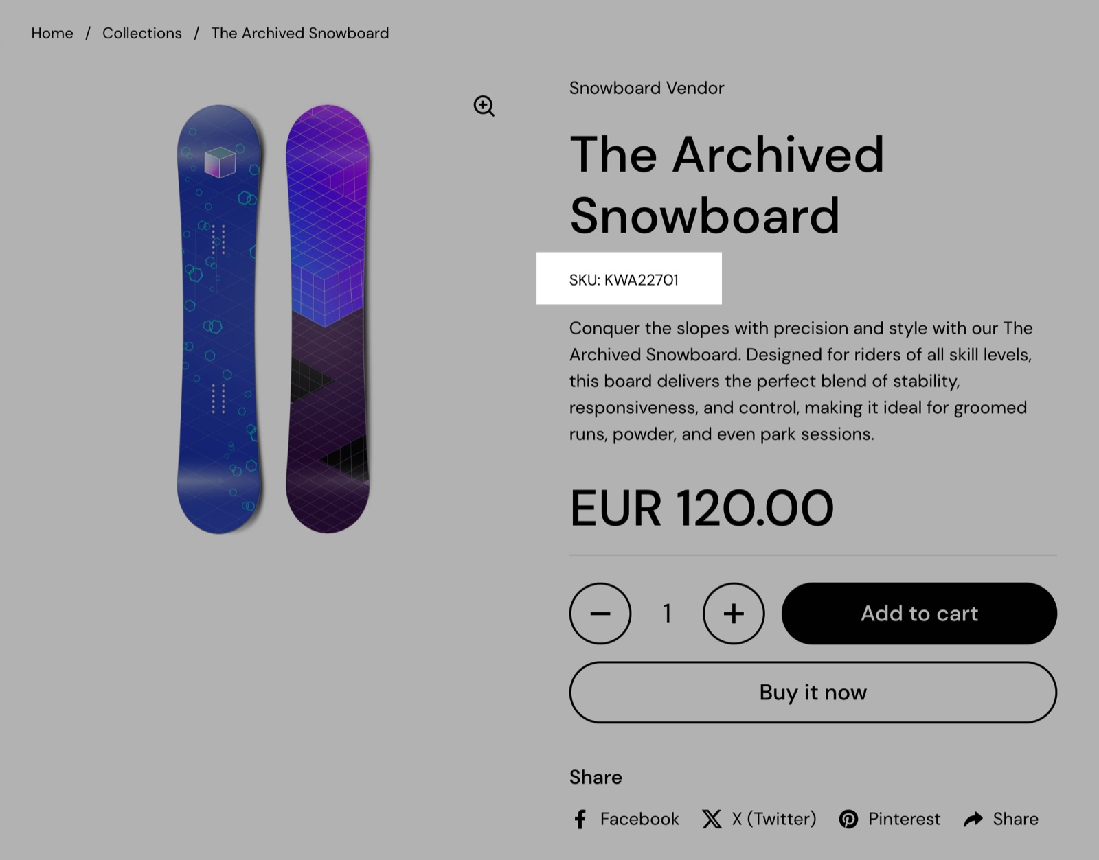 Product page with the SKU / barcode block highlighted, showing the product SKU and barcode.