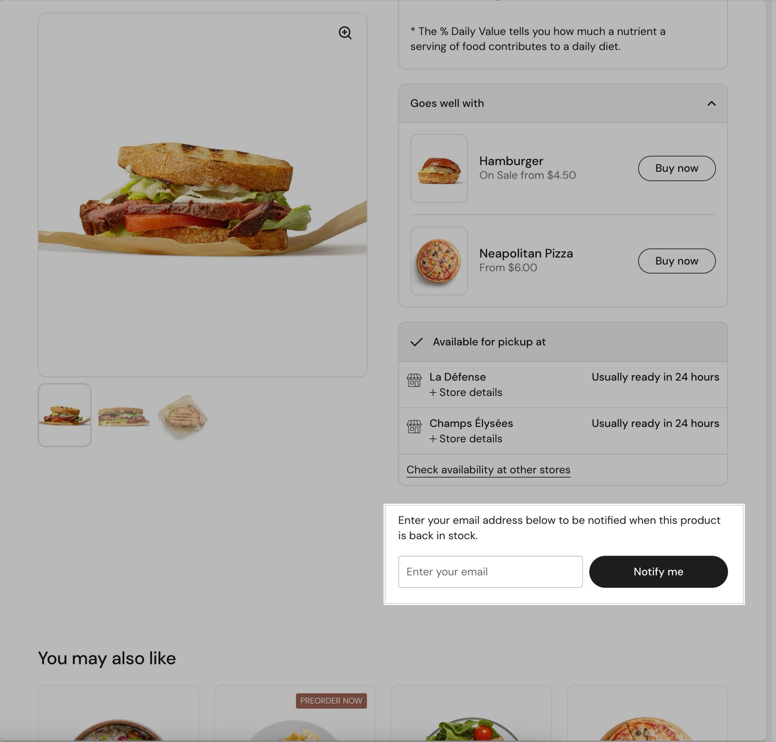 Product page of a sold out product with the Back in stock alert block highlighted: Enter your email address below to be notified when this product is back in stock, an email field and a Notify me button.